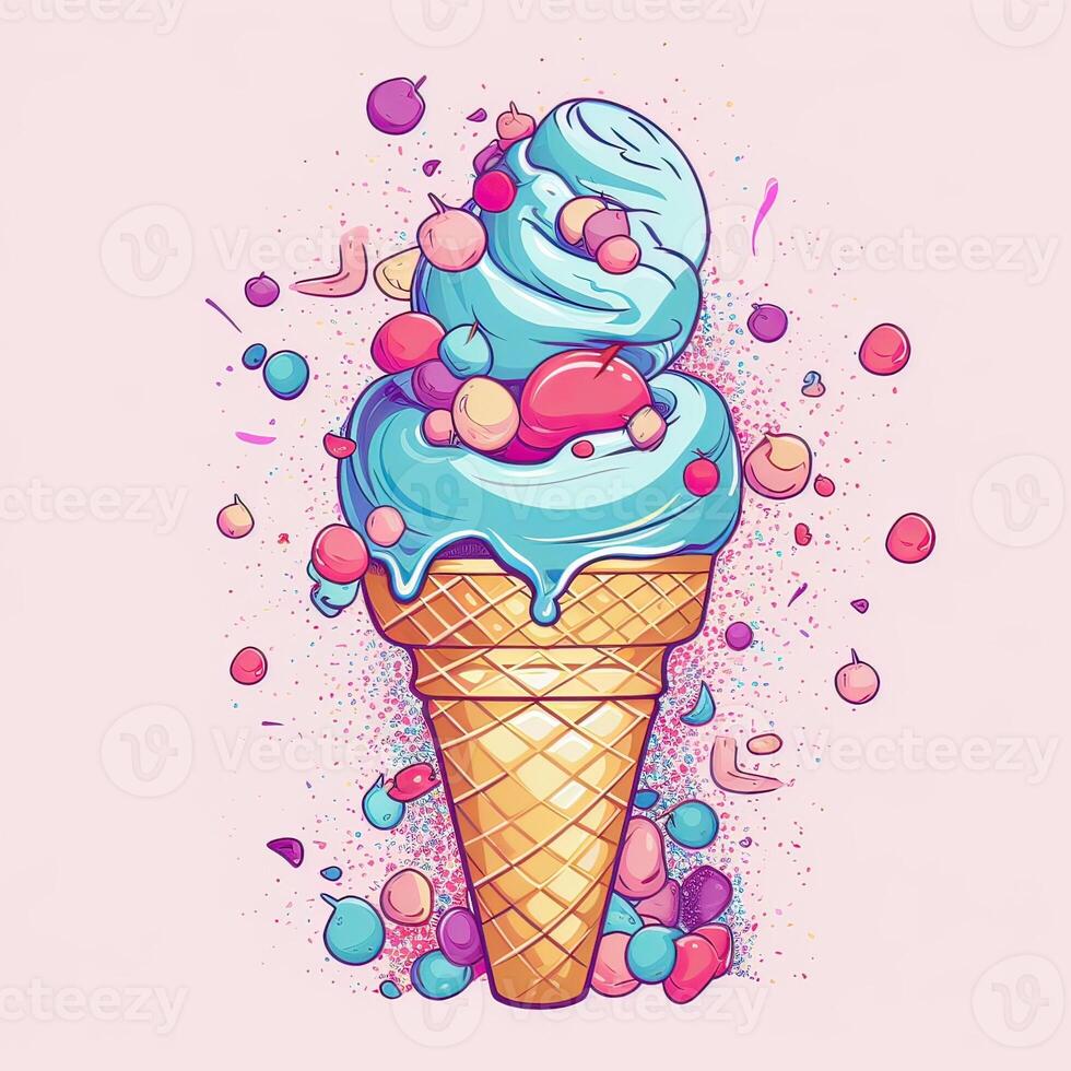 Melting ice cream balls in the waffle cone. Vector flat outline icon. Comic character in cartoon style illustration for t shirt design. . photo