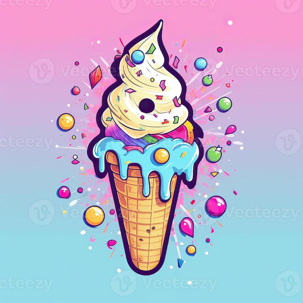 Melting ice cream balls in the waffle cone. Vector flat outline icon. Comic character in cartoon style illustration for t shirt design. . photo