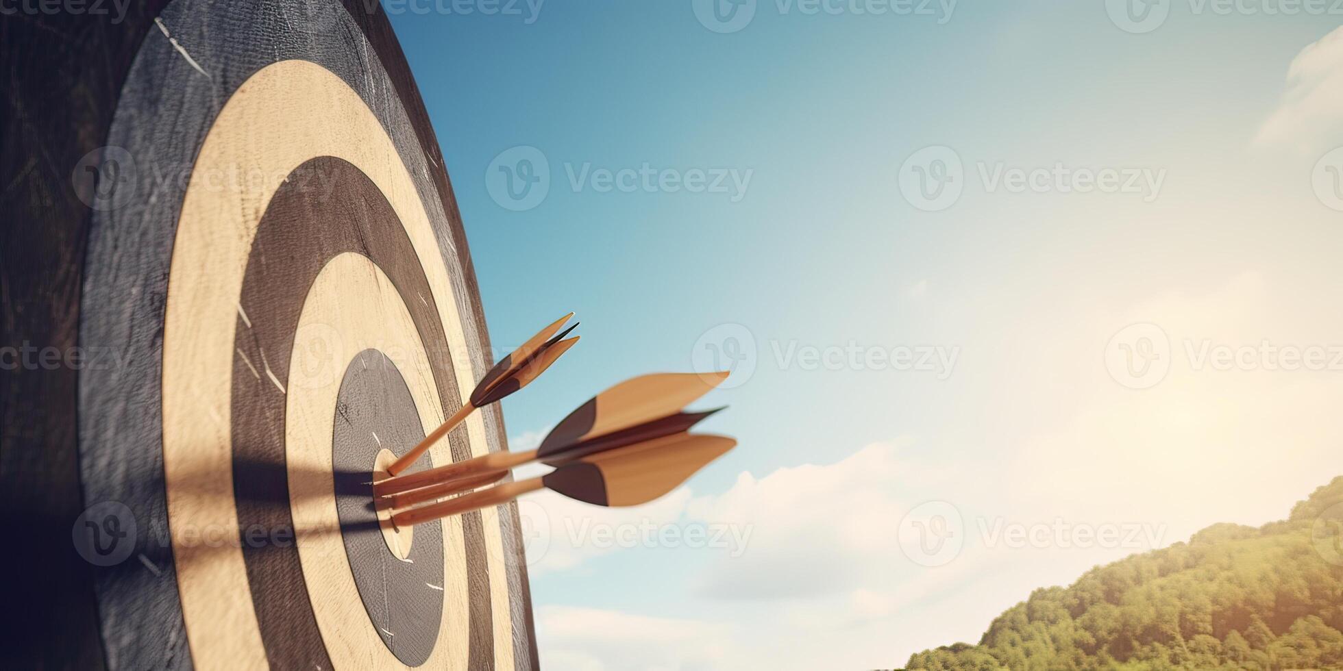 high success concept A red dart arrow aims at the target in the center of the dartboard. Target hit in the middle. . photo