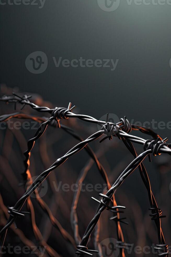 Wire barb, prison cell seamless border, jailhouse, old rusty and new barbwire fence. Boundary, territory defense steel barrier. . photo