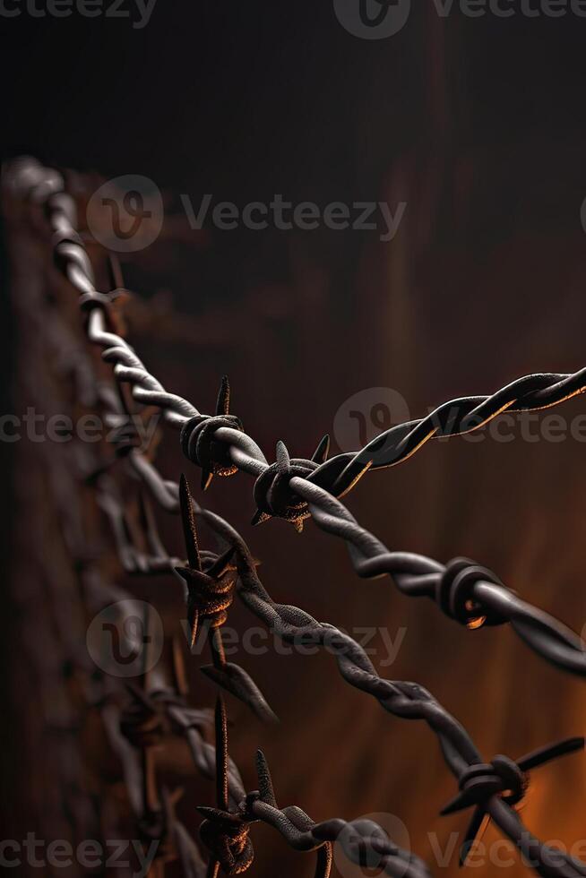 Wire barb, prison cell seamless border, jailhouse, old rusty and new barbwire fence. Boundary, territory defense steel barrier. . photo