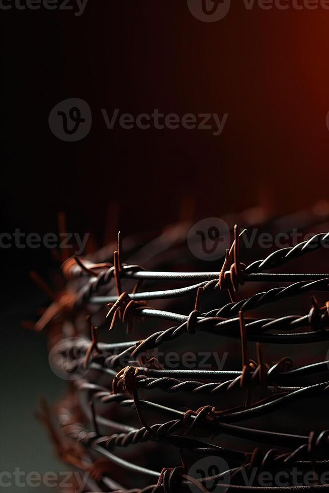 Wire barb, prison cell seamless border, jailhouse, old rusty and new barbwire fence. Boundary, territory defense steel barrier. . photo