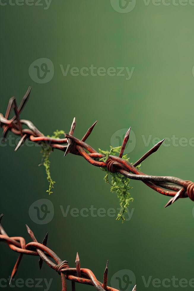 cable lengüeta, prisión célula sin costura borde, cárcel, antiguo oxidado y nuevo alambre de púas cerca. Perímetro, territorio defensa acero barrera. generativo ai. foto