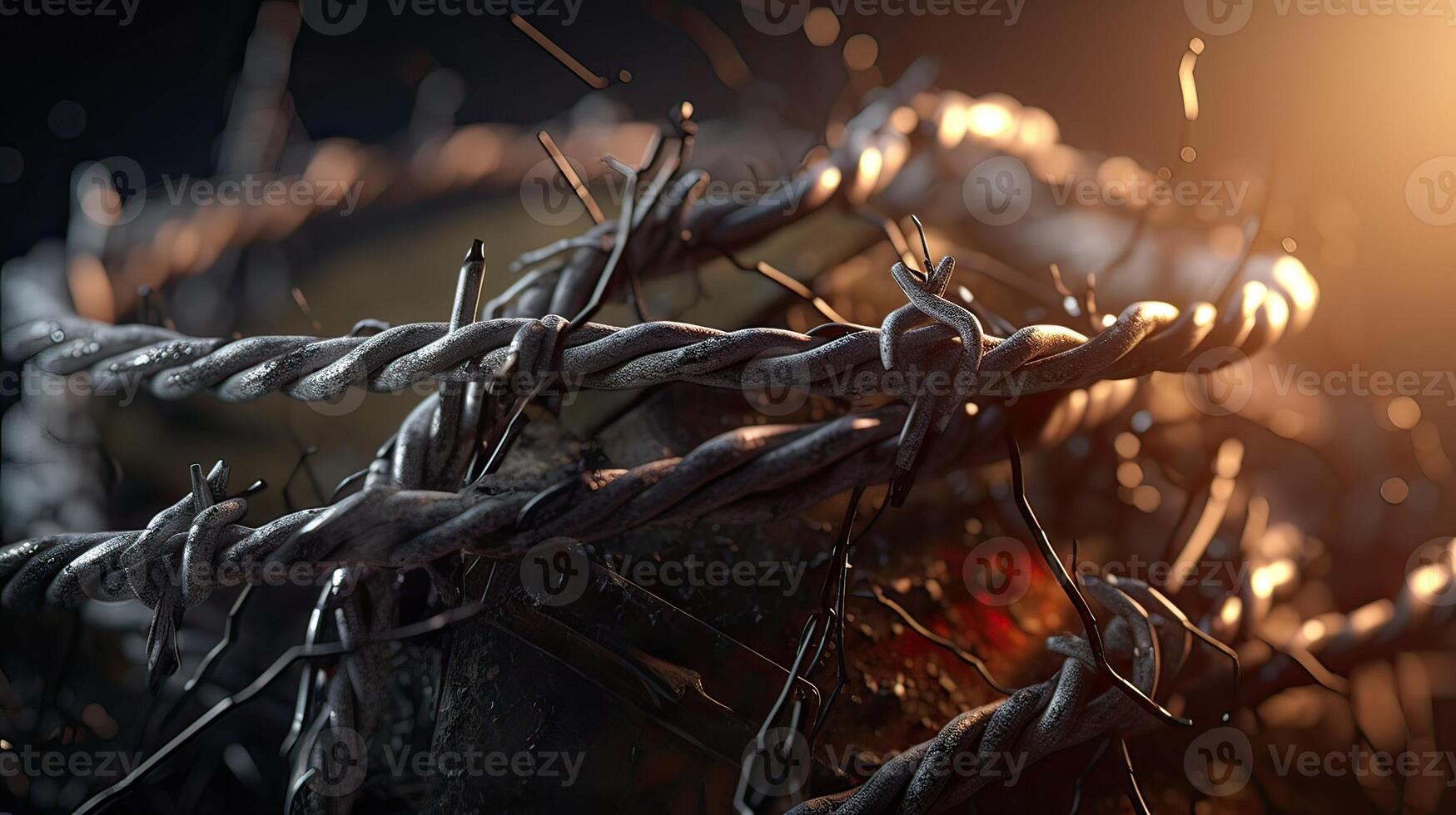 Wire barb, prison cell seamless border, jailhouse, old rusty and new barbwire fence. Boundary, territory defense steel barrier. . photo