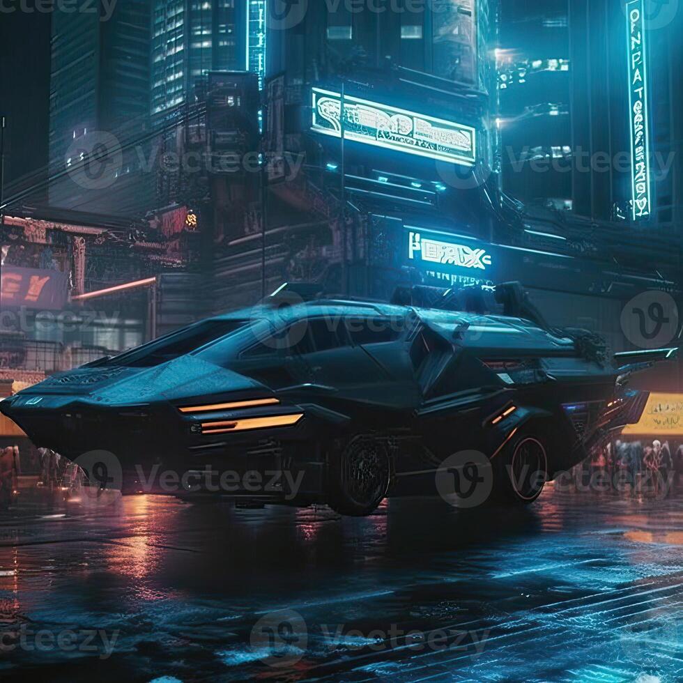 Futuristic transport vehicle with cyber punk city. . photo