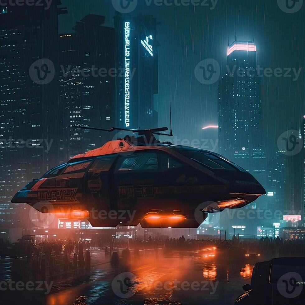 Futuristic transport vehicle with cyber punk city. . photo