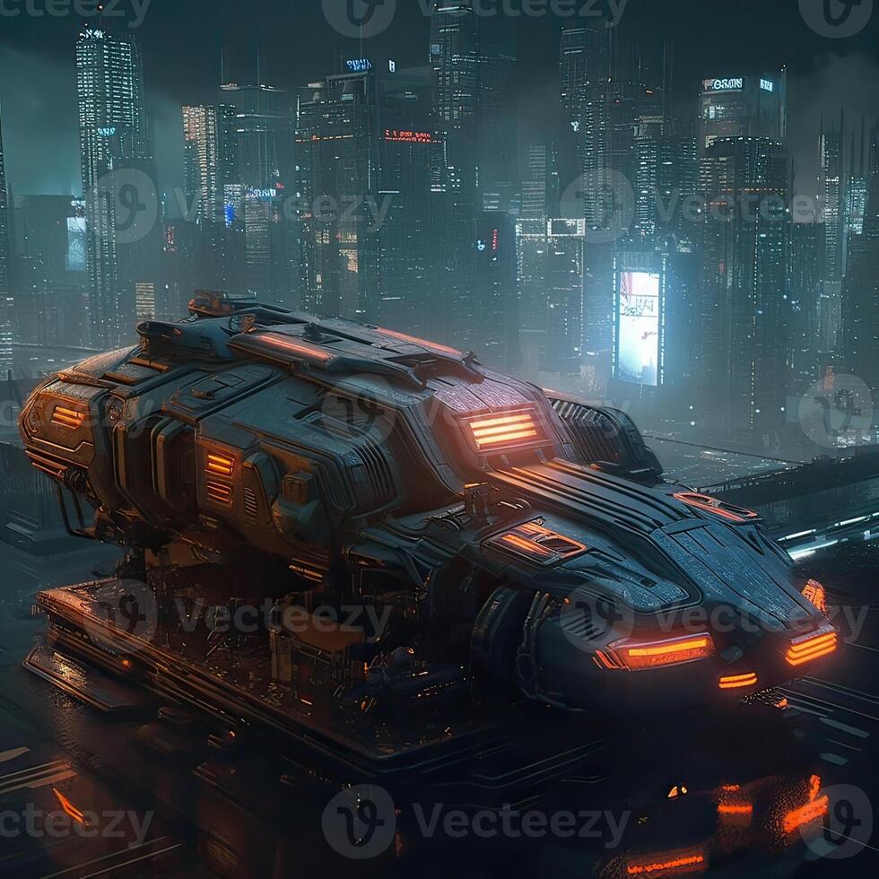 Futuristic transport vehicle with cyber punk city. . photo