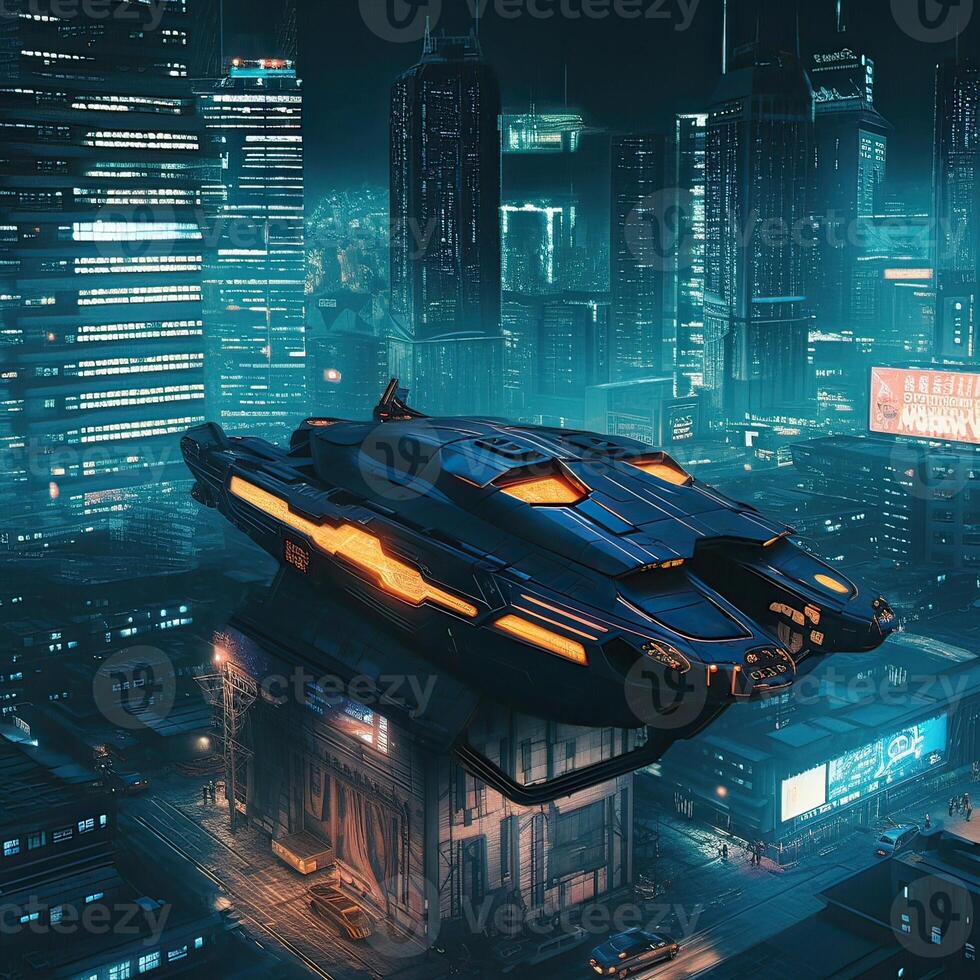 Futuristic transport vehicle with cyber punk city. . photo