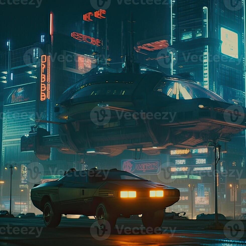 Futuristic transport vehicle with cyber punk city. . photo