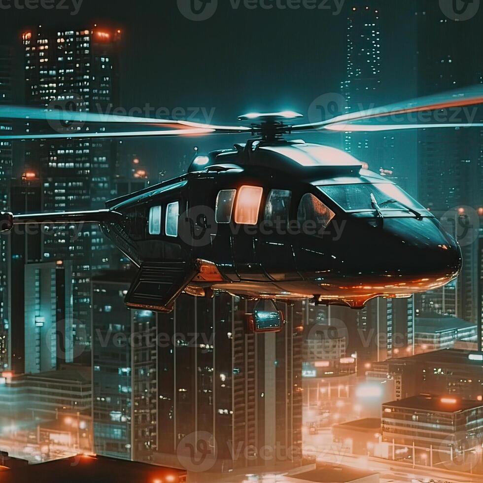 Futuristic transport vehicle with cyber punk city. . photo