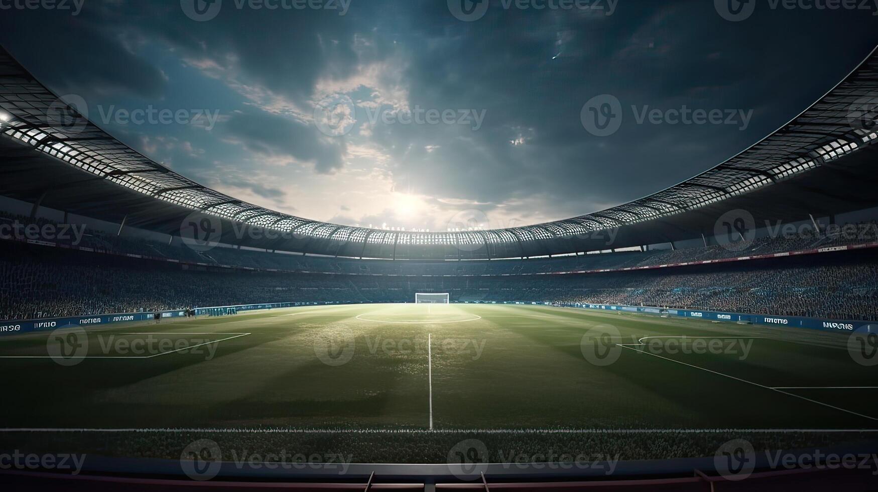 Before match. Stadium and neoned colorful flashlights background. Flyer with copyspace in modern colors. Concept of sport, competition, winning, action. Empty area for championships. . photo