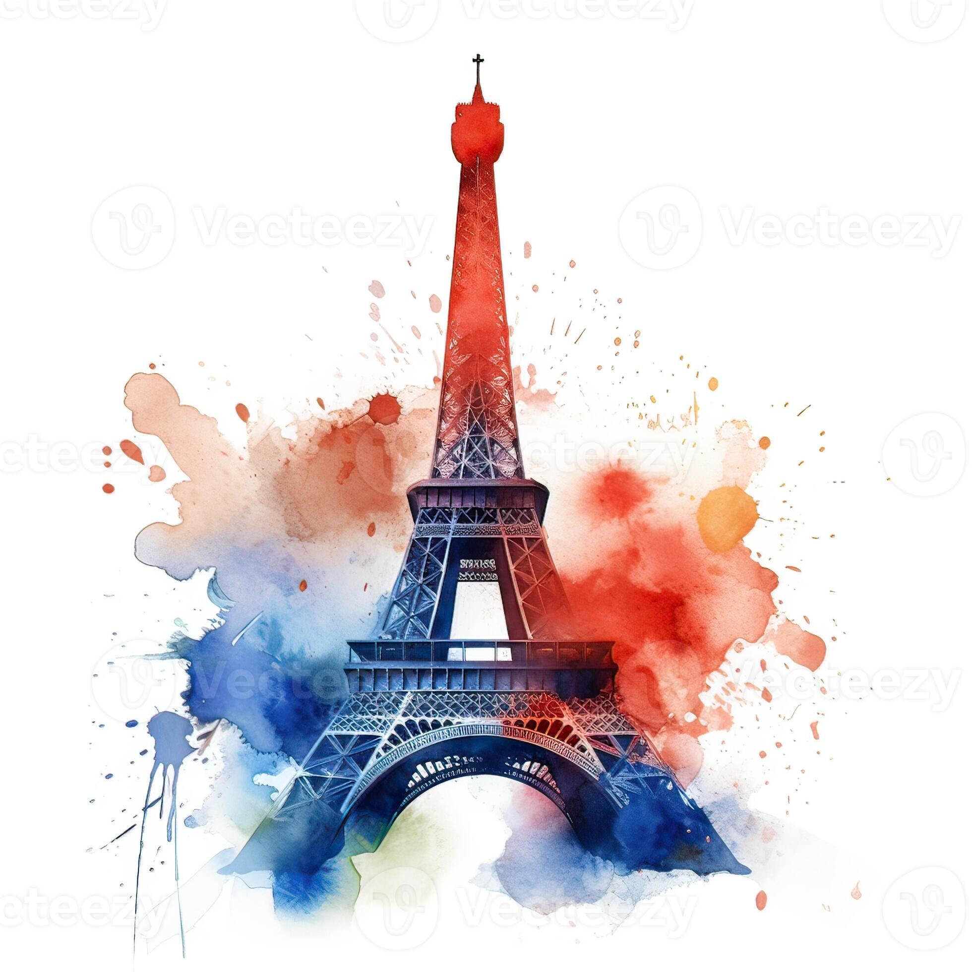 watercolor drawing of Eiffel tower in Paris on white background
