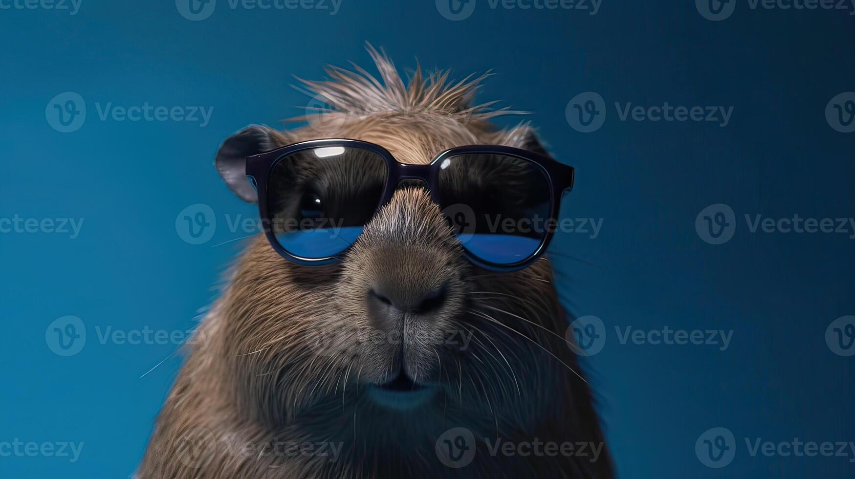 Single capybara with sunglasses on blue background the head looking stylish and cool. . photo