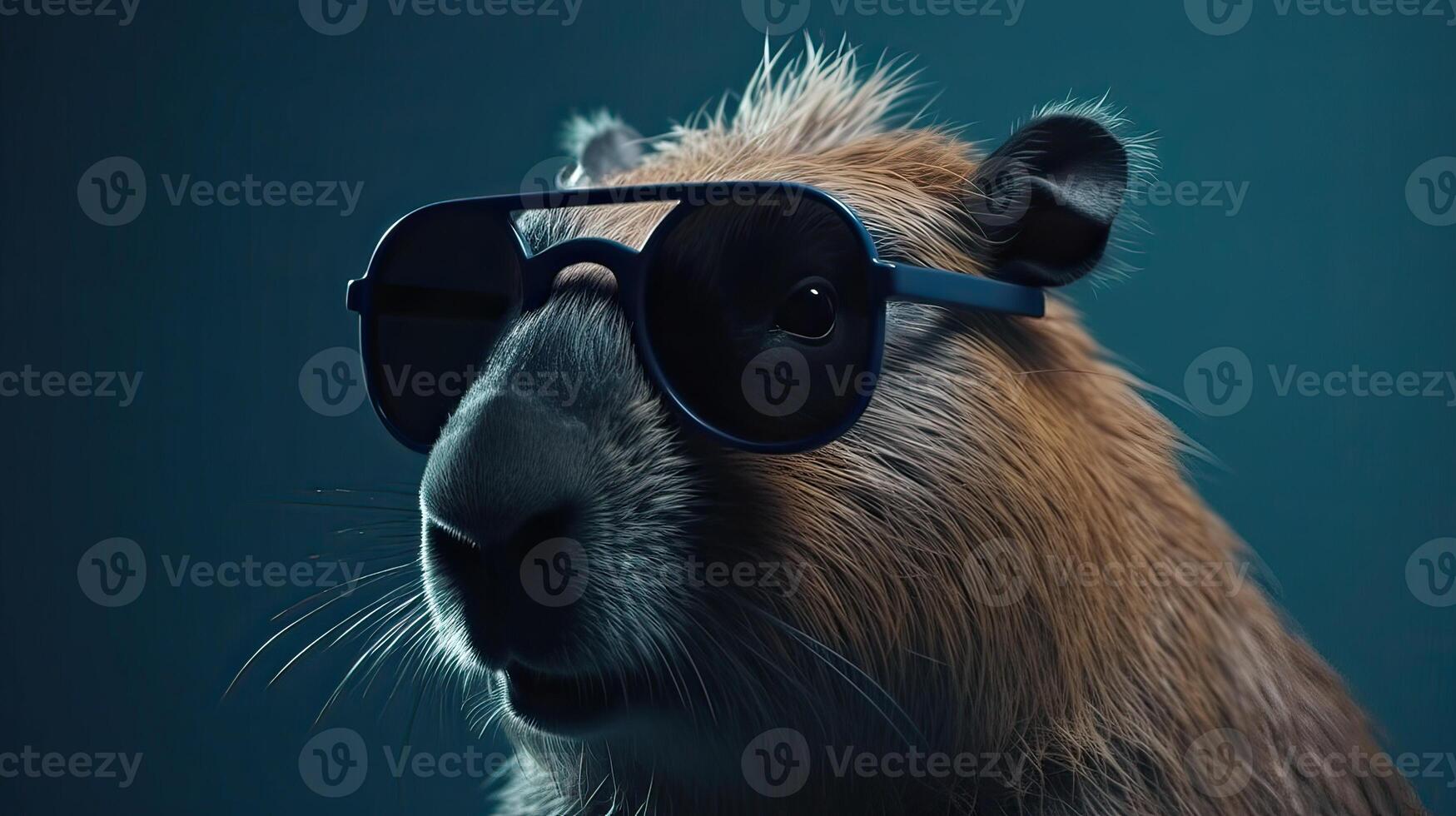 Single capybara with sunglasses on blue background the head looking stylish and cool. . photo