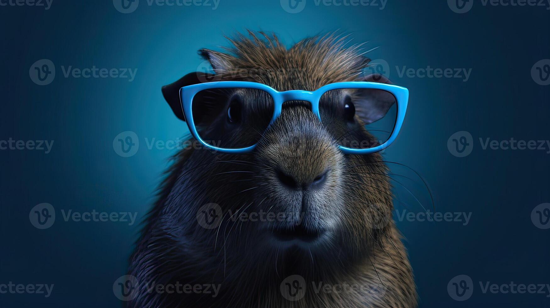 Single capybara with sunglasses on blue background the head looking stylish and cool. . photo