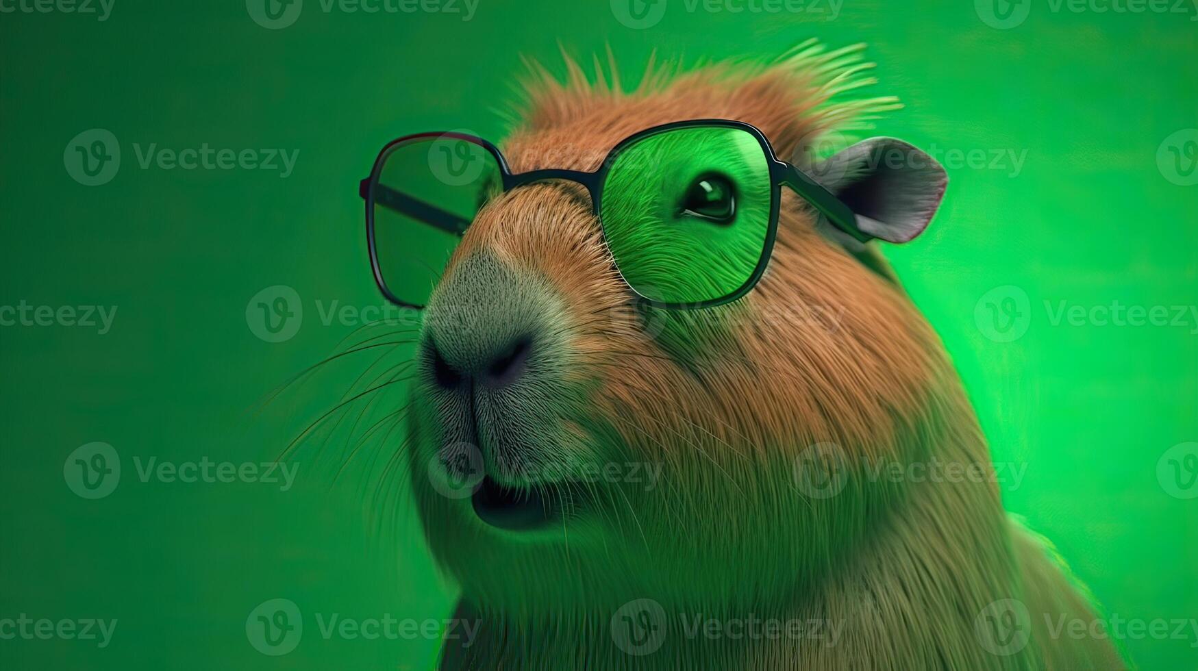 Single capybara with sunglasses on bright green background the head looking stylish and cool. . photo