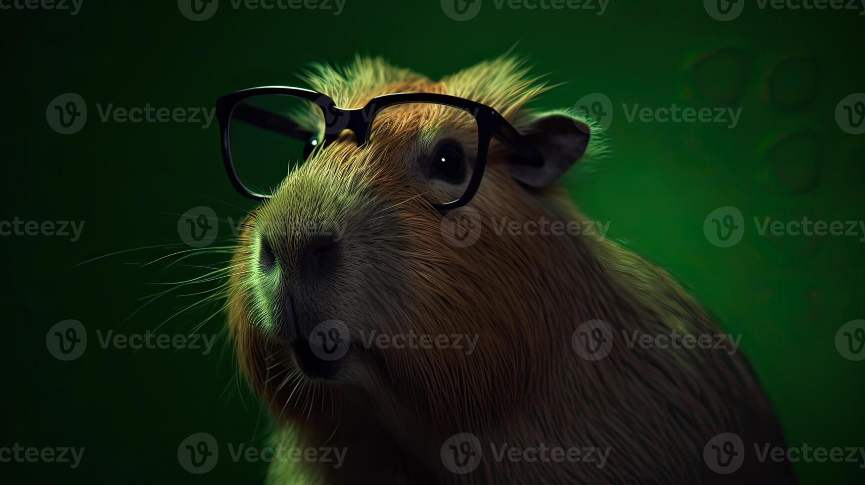 Single capybara with sunglasses on bright green background the head looking stylish and cool. . photo