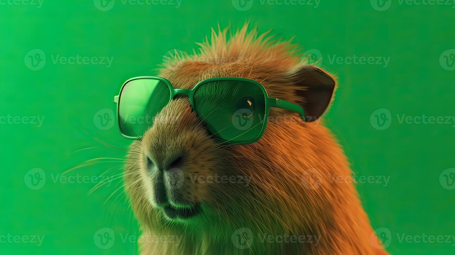 Single capybara with sunglasses on bright green background the head looking stylish and cool. . photo