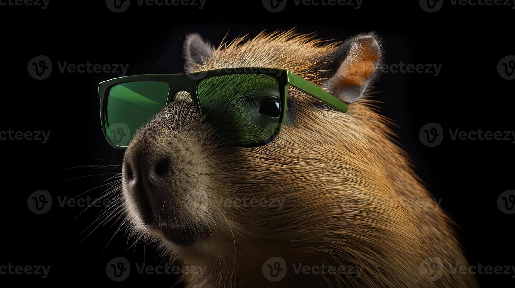 Single capybara with sunglasses on black background the head