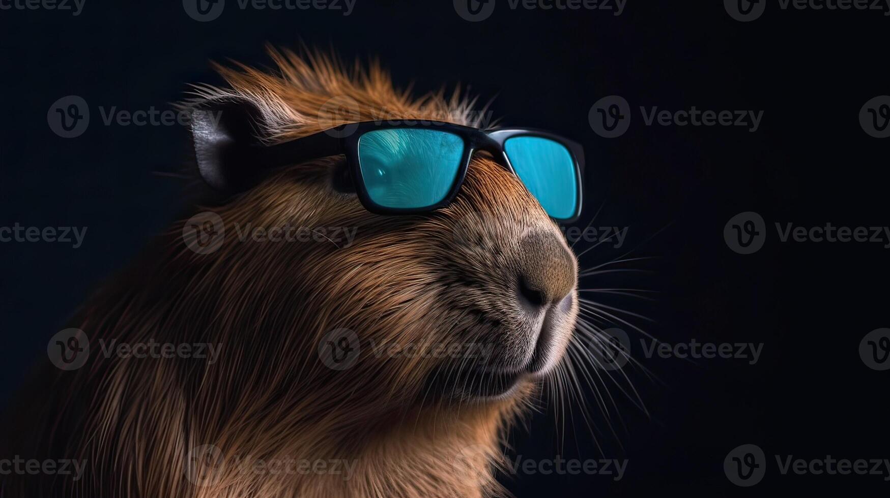 Single capybara with sunglasses on black background the head looking stylish and cool. . photo