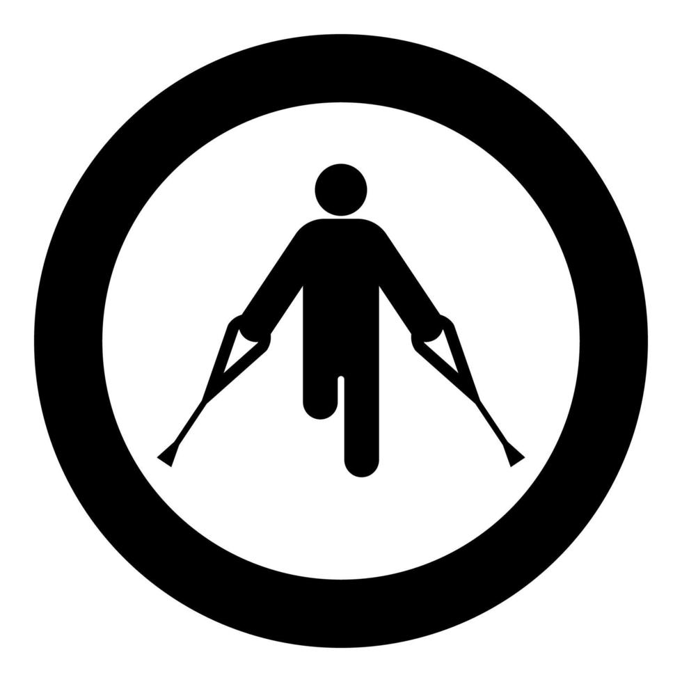 Man with broken leg crutch cane gypsum foot stick using sticks person crutches trauma concept icon in circle round black color vector illustration image solid outline style