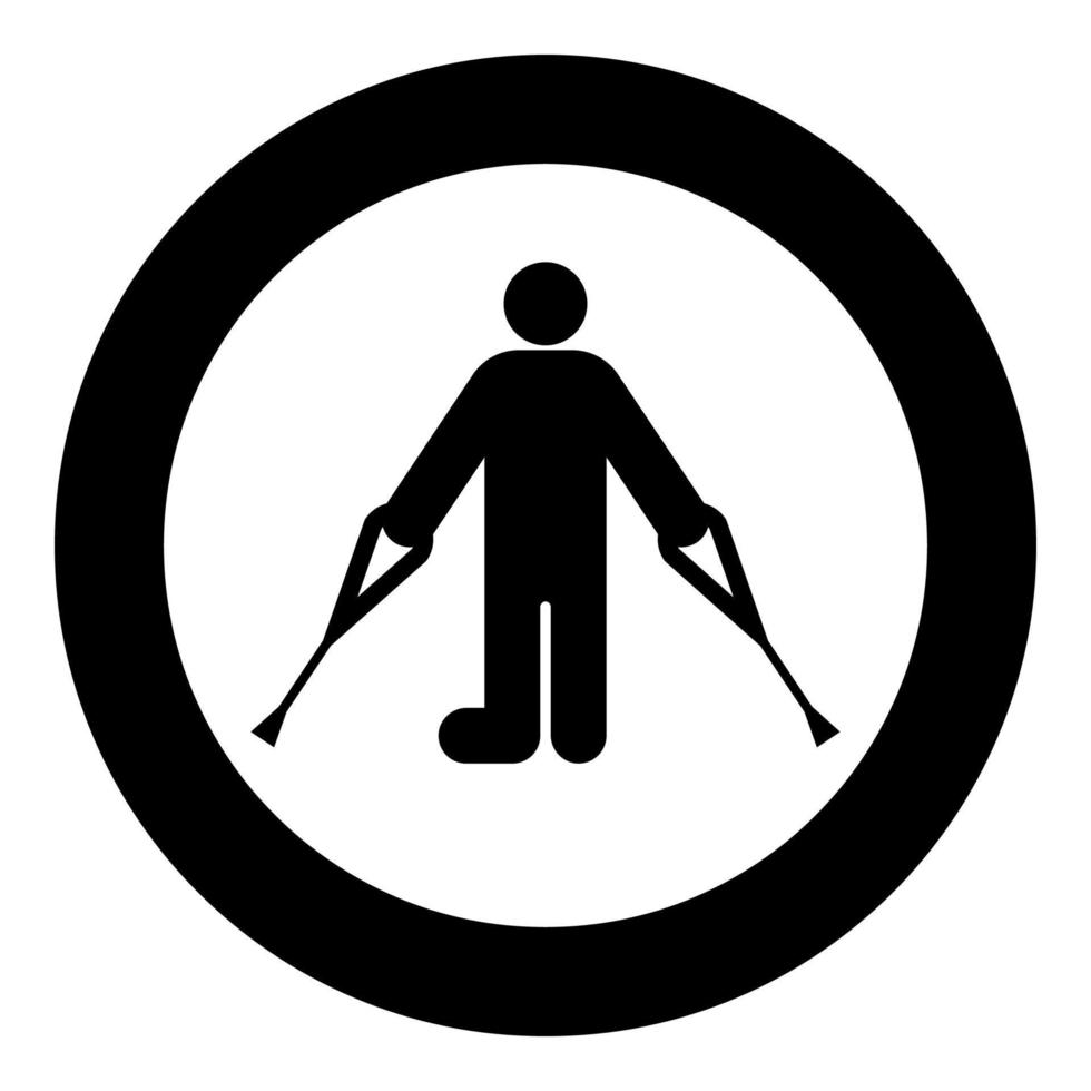 Man with broken leg crutch cane gypsum foot stick using sticks person crutches trauma concept icon in circle round black color vector illustration image solid outline style