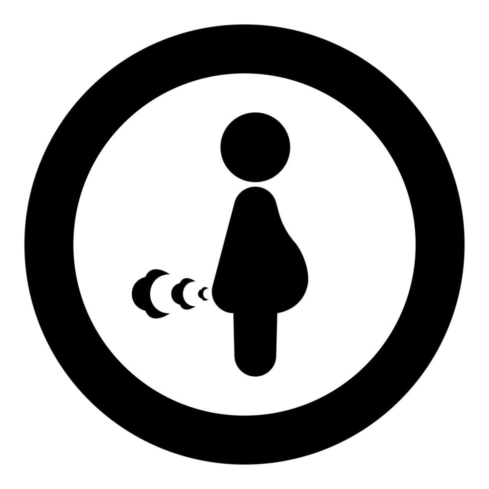 Pregnant woman farts break wind farting bloating gas cloud stench bad smell flatulency icon in circle round black color vector illustration image solid outline style