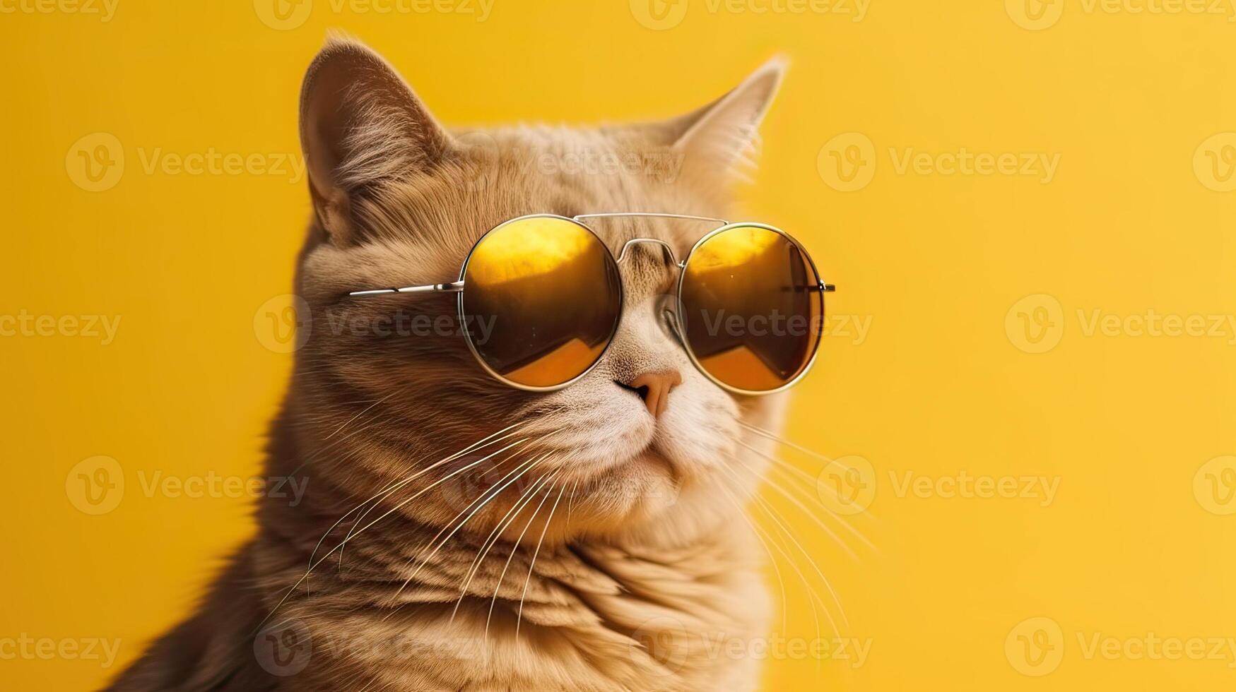 funny studio shot of cool cat wearing sunglasses on yellow background with copy space. . photo