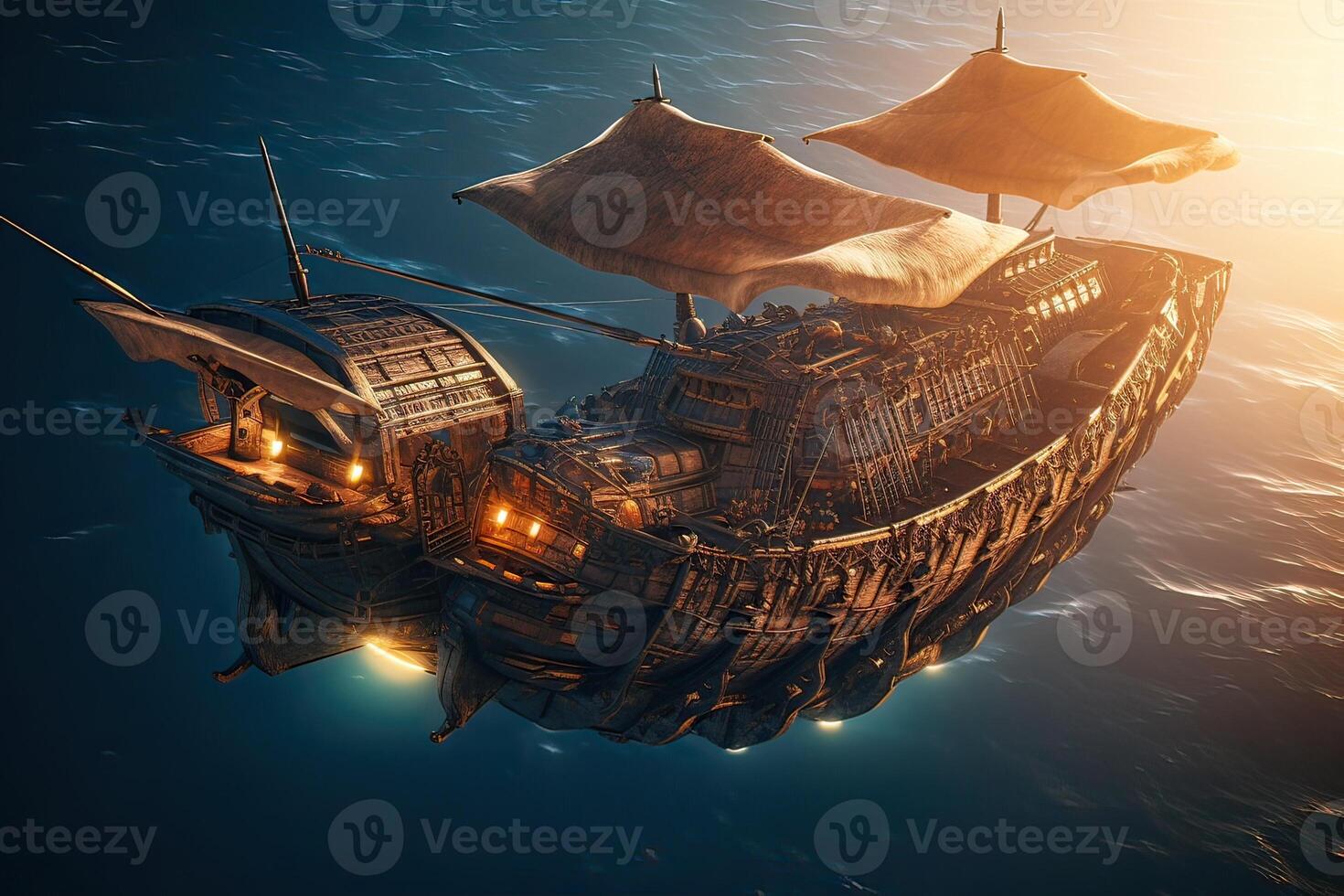 3D illustration futuristic of a Pirate ship sailing on the sky. . photo