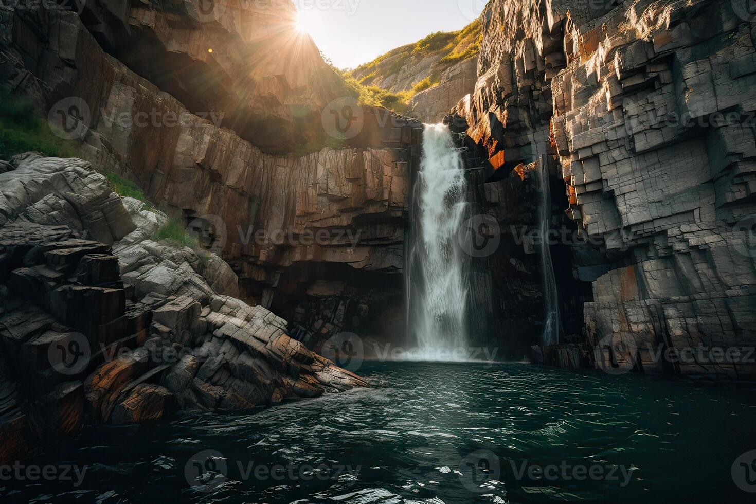 genial ver en cascada con vistoso cielo durante puesta de sol. maravilloso naturaleza paisaje. viaje es un estilo de vida, concepto. Islandia popular sitio de viaje y turístico ubicación. generativo ai. foto