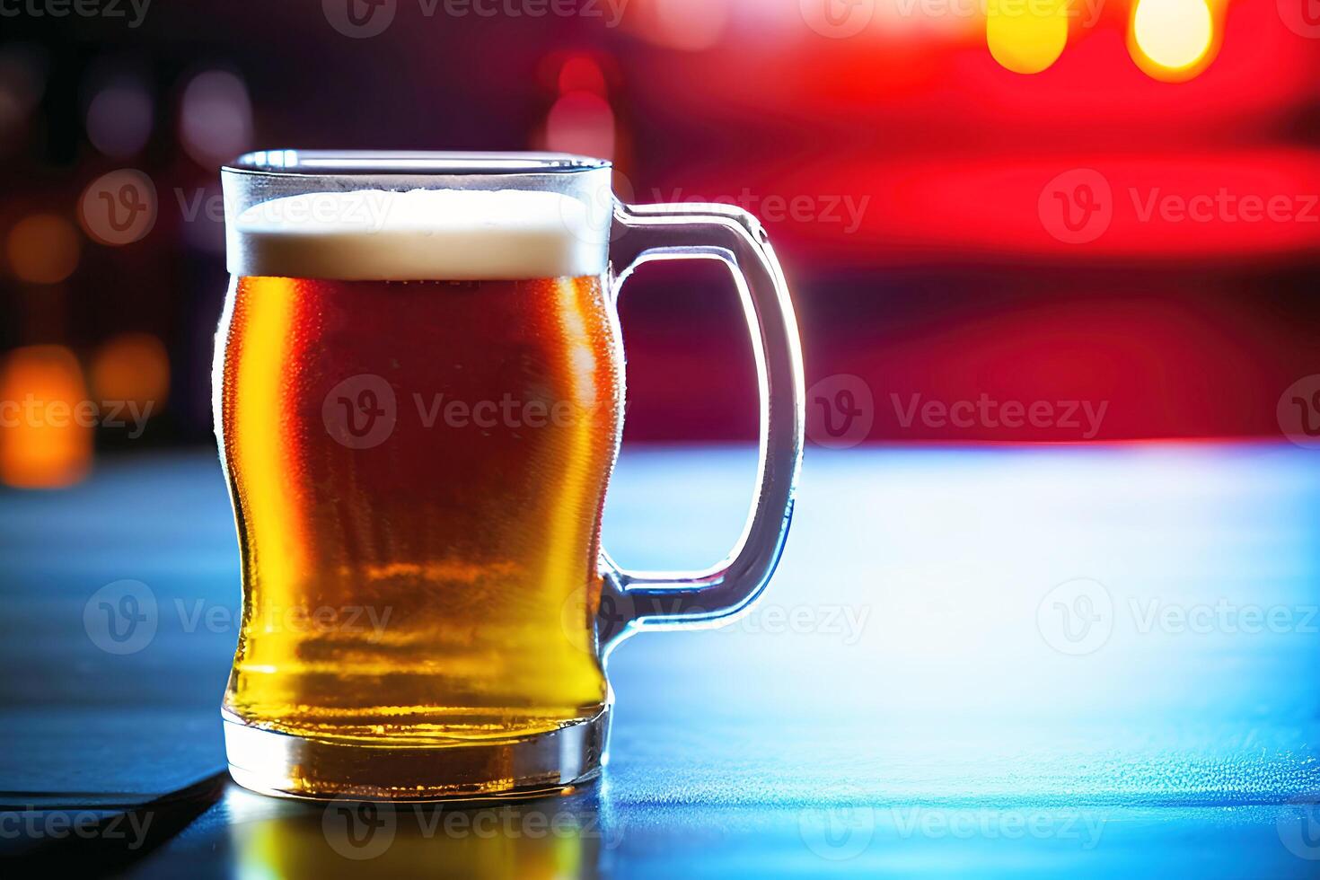 Beer in a glass mug with blur bar background, photo