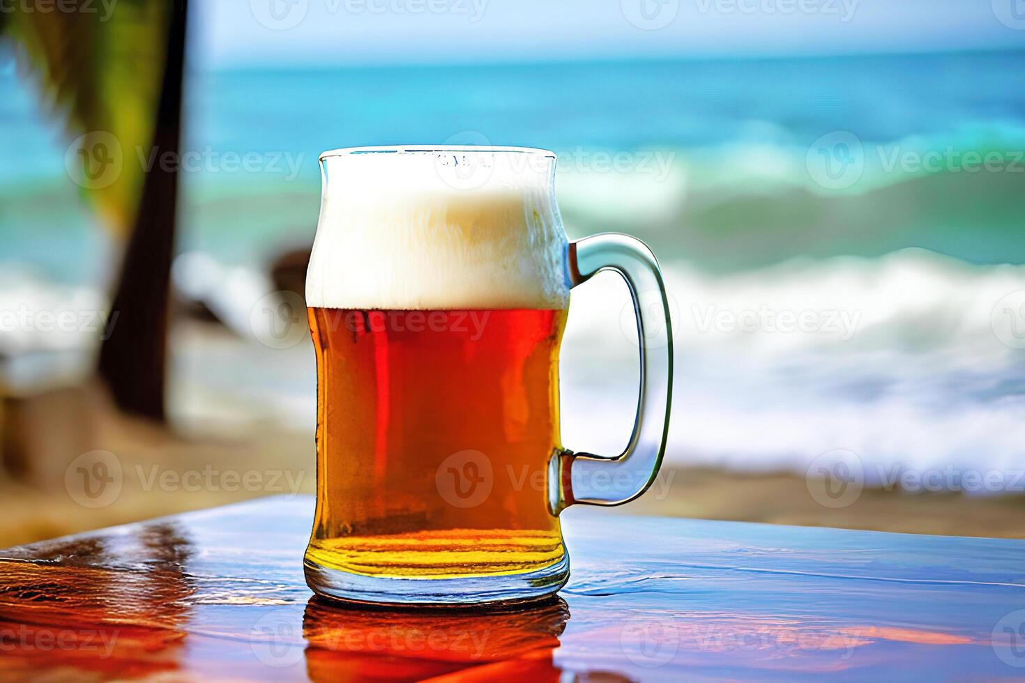 de cerca cerveza jarra con tropical verano difuminar playa fondo, generativo ai foto