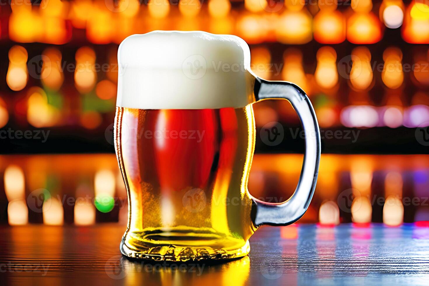 Beer in a glass mug with blur bar background, photo
