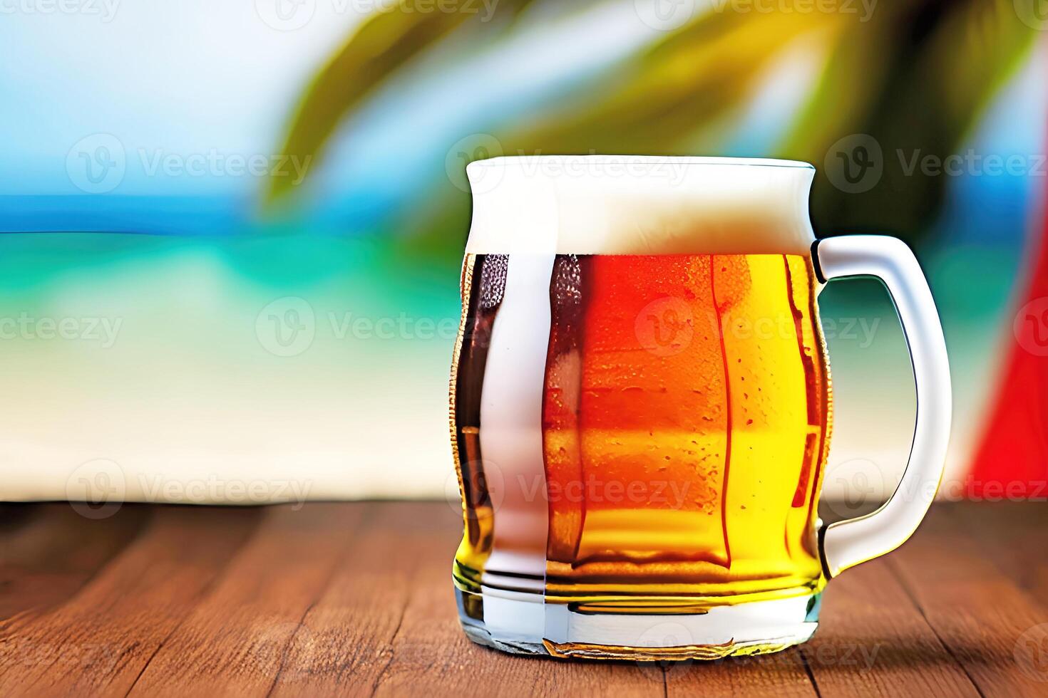 Closeup Beer Mug With Tropical Summer Blur Beach Background, photo