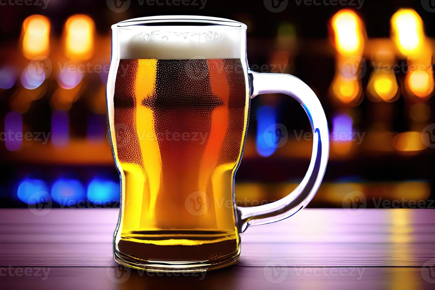 Beer in a glass mug with blur bar background, photo