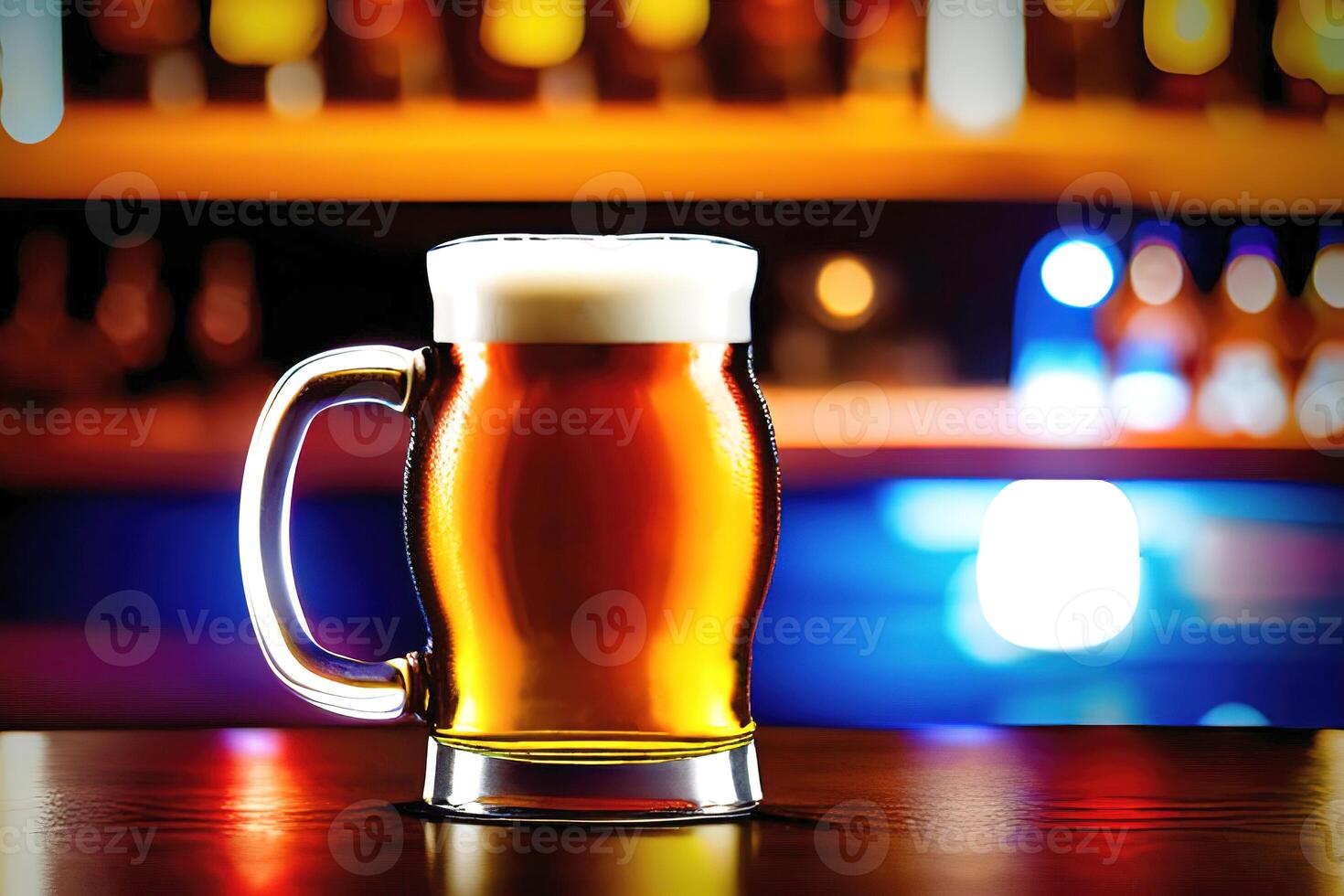 Beer in a glass mug with blur bar background, photo