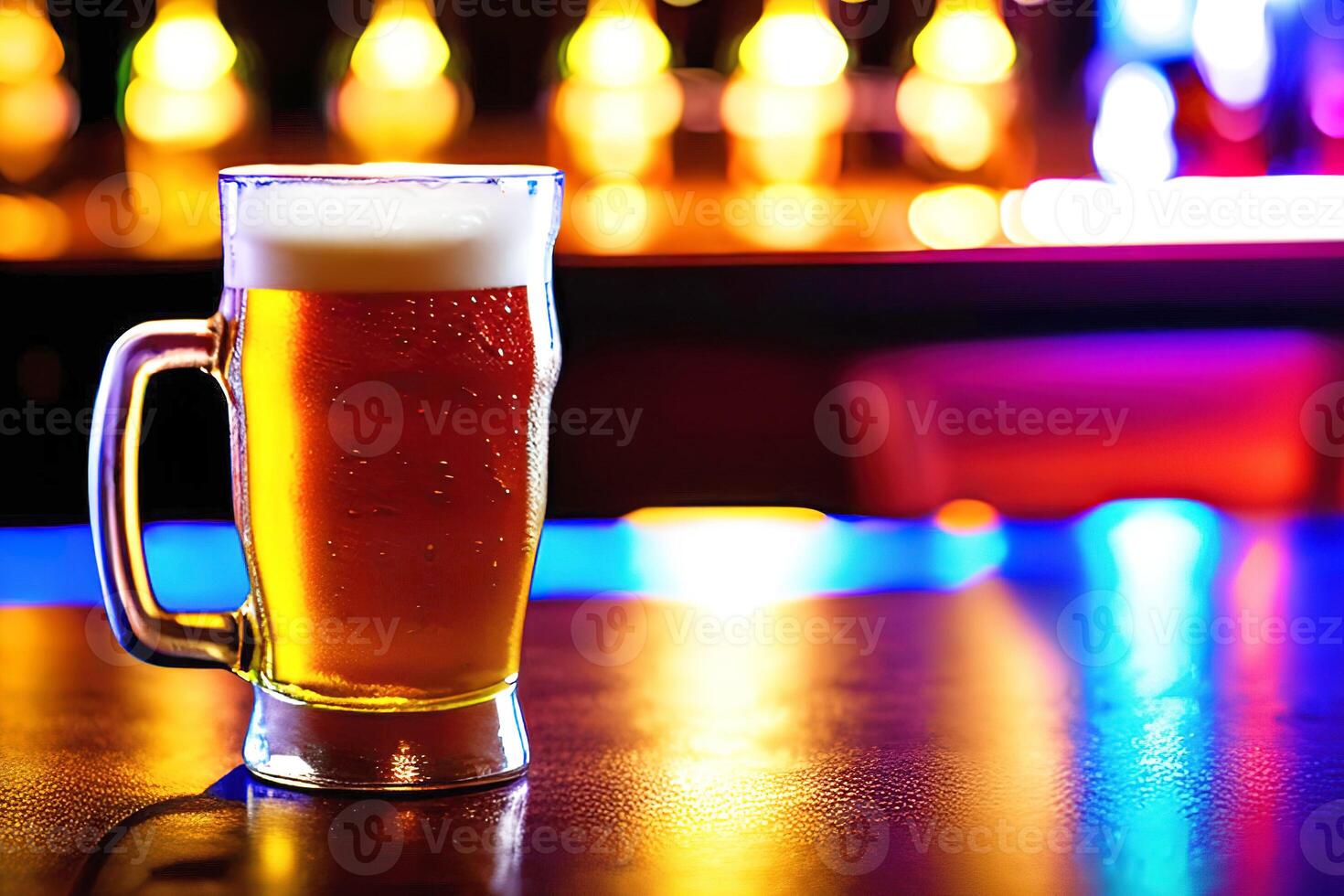 cerveza en un vaso jarra con difuminar bar fondo, generativo ai foto