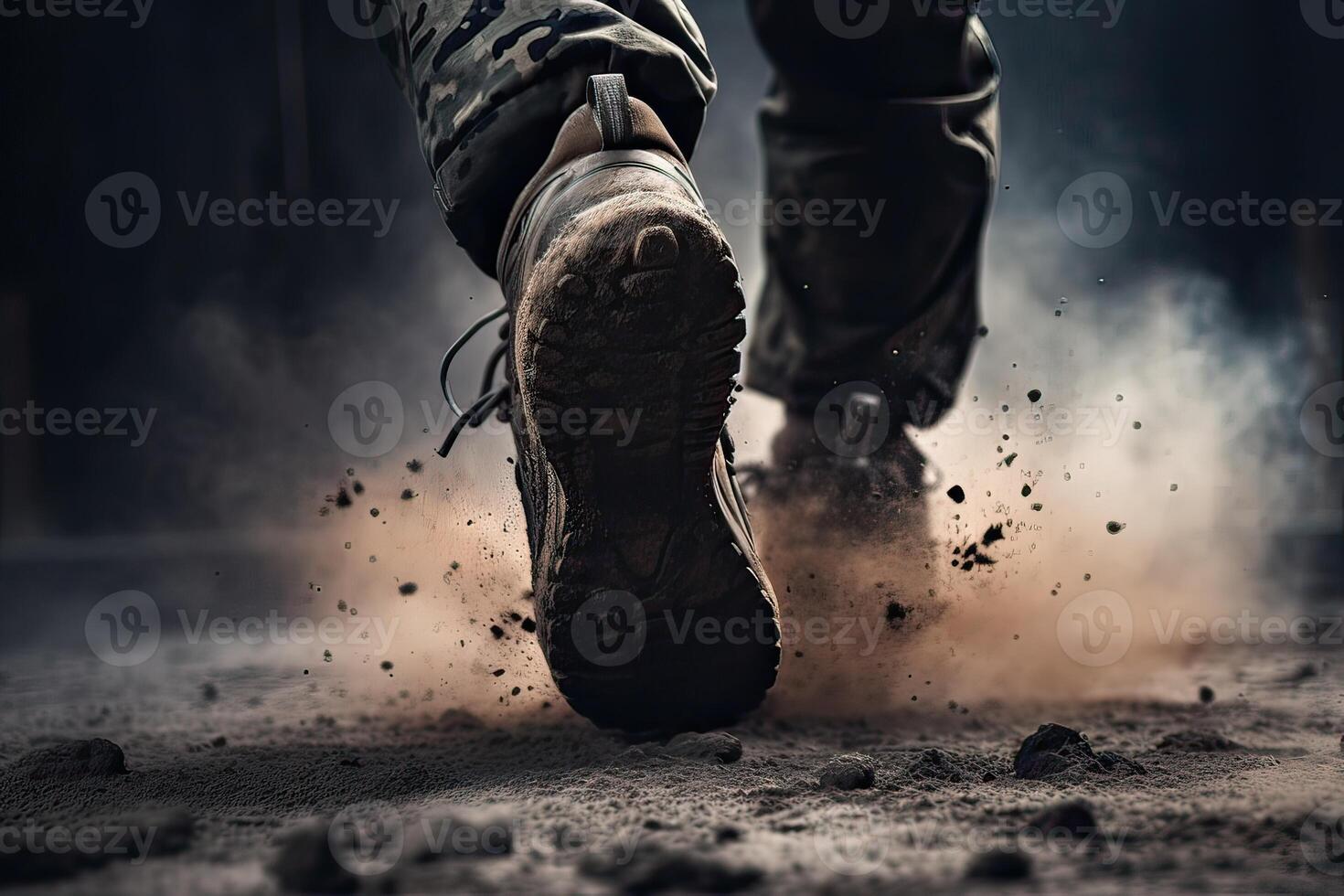 close up Illustration of a military man walking on an empty destroyed environment. Destruction, war scene. Smoke and fog. Sad combat feeling. photo