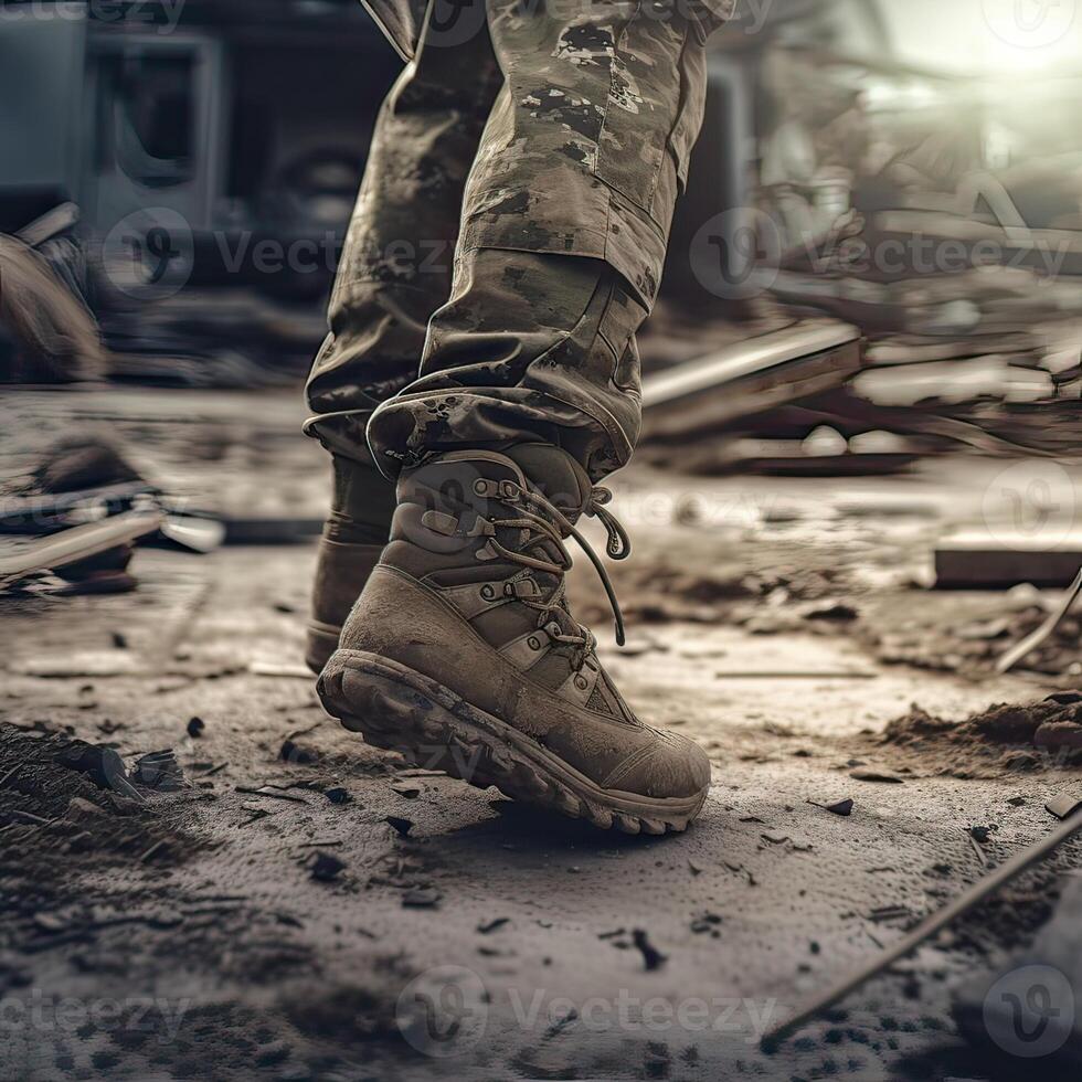 close up Illustration of a military man walking on an empty destroyed environment. Destruction, war scene. Smoke and fog. Sad combat feeling. photo