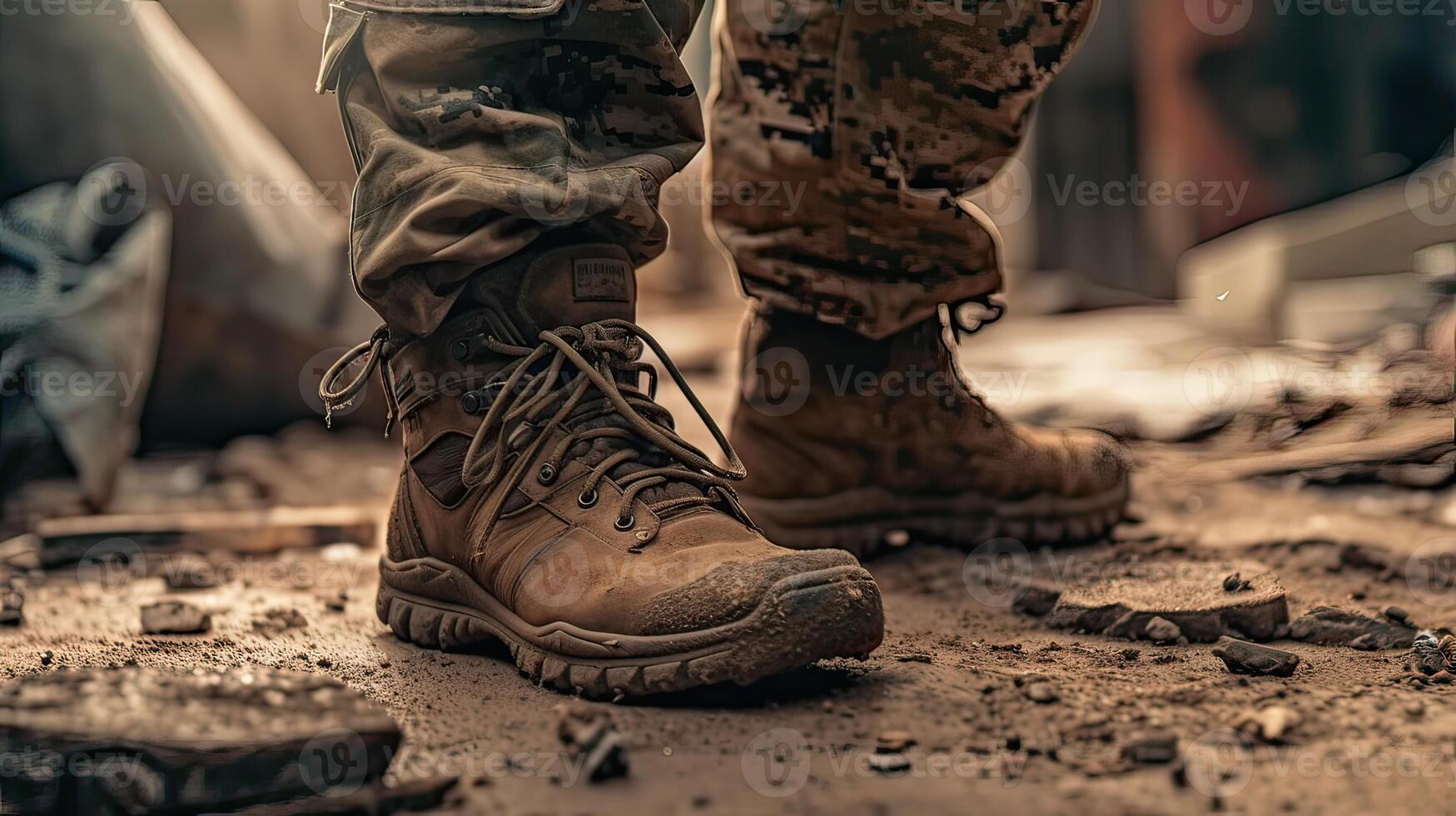 close up Illustration of a military man walking on an empty destroyed environment. Destruction, war scene. Smoke and fog. Sad combat feeling. photo