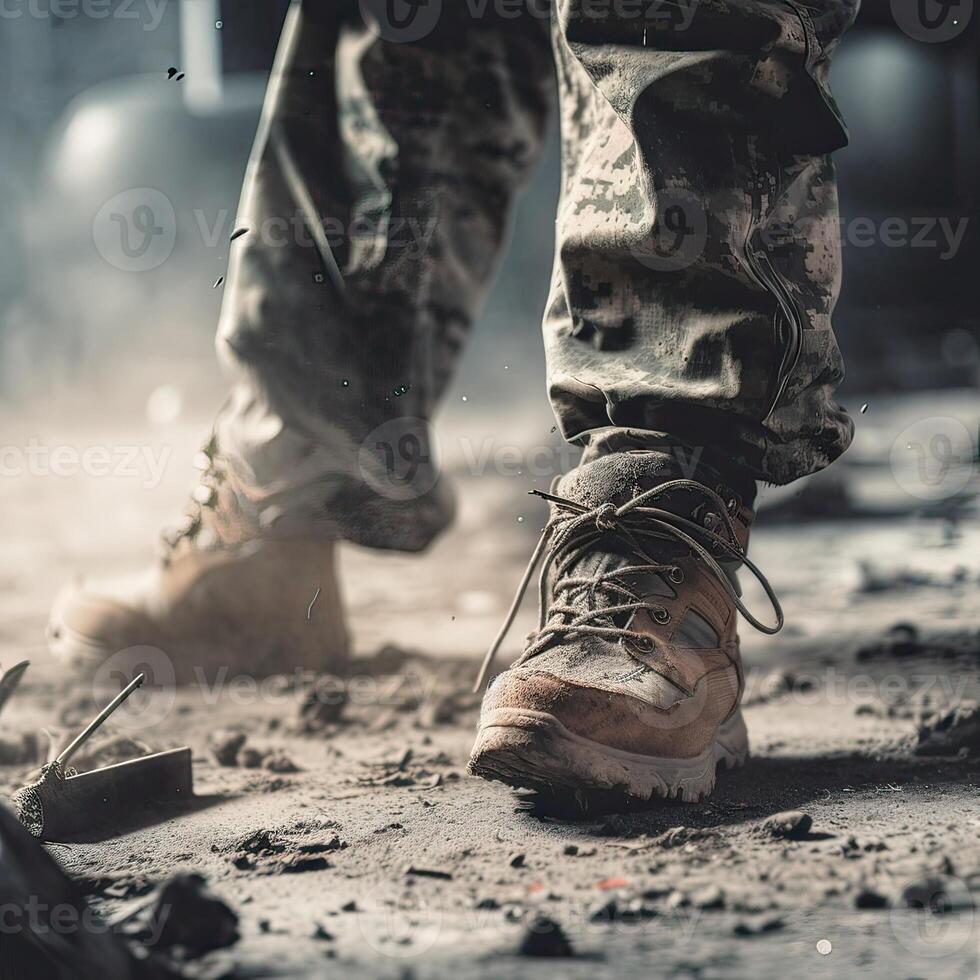 close up Illustration of a military man walking on an empty destroyed environment. Destruction, war scene. Smoke and fog. Sad combat feeling. photo