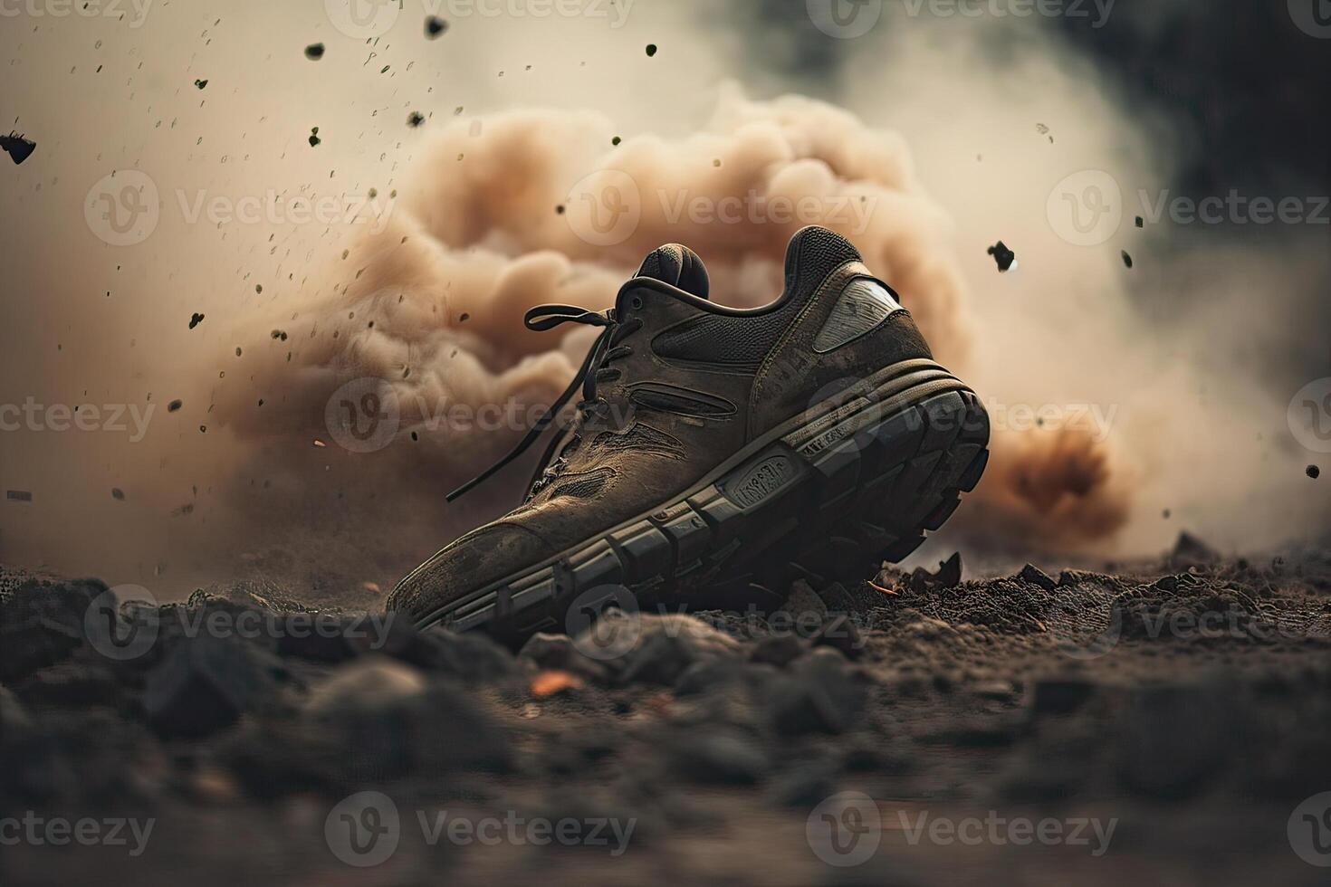 close up Illustration of a military man walking on an empty destroyed environment. Destruction, war scene. Smoke and fog. Sad combat feeling. photo