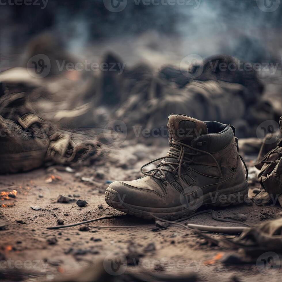 close up Illustration of a military man walking on an empty destroyed environment. Destruction, war scene. Smoke and fog. Sad combat feeling. photo