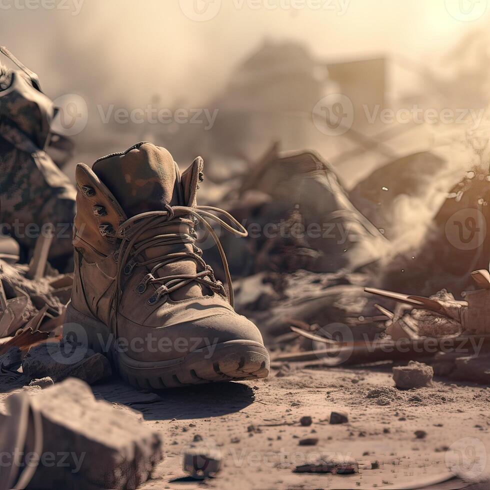 close up Illustration of a military man walking on an empty destroyed environment. Destruction, war scene. Smoke and fog. Sad combat feeling. photo