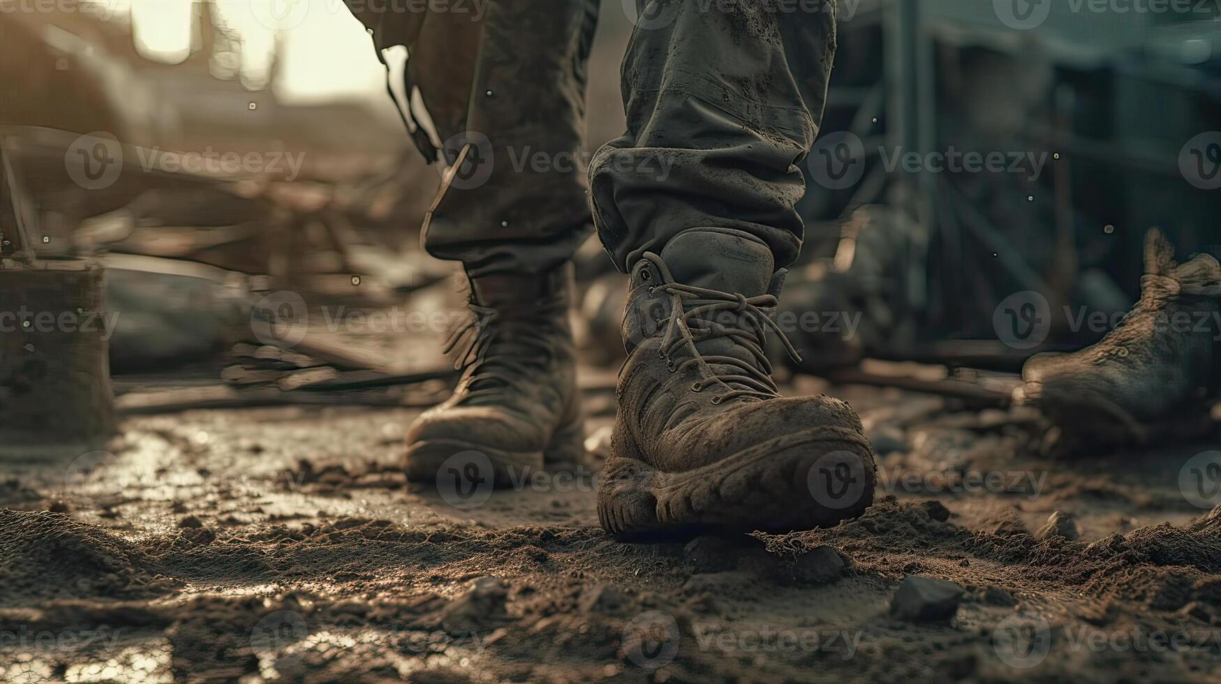 close up Illustration of a military man walking on an empty destroyed environment. Destruction, war scene. Smoke and fog. Sad combat feeling. photo