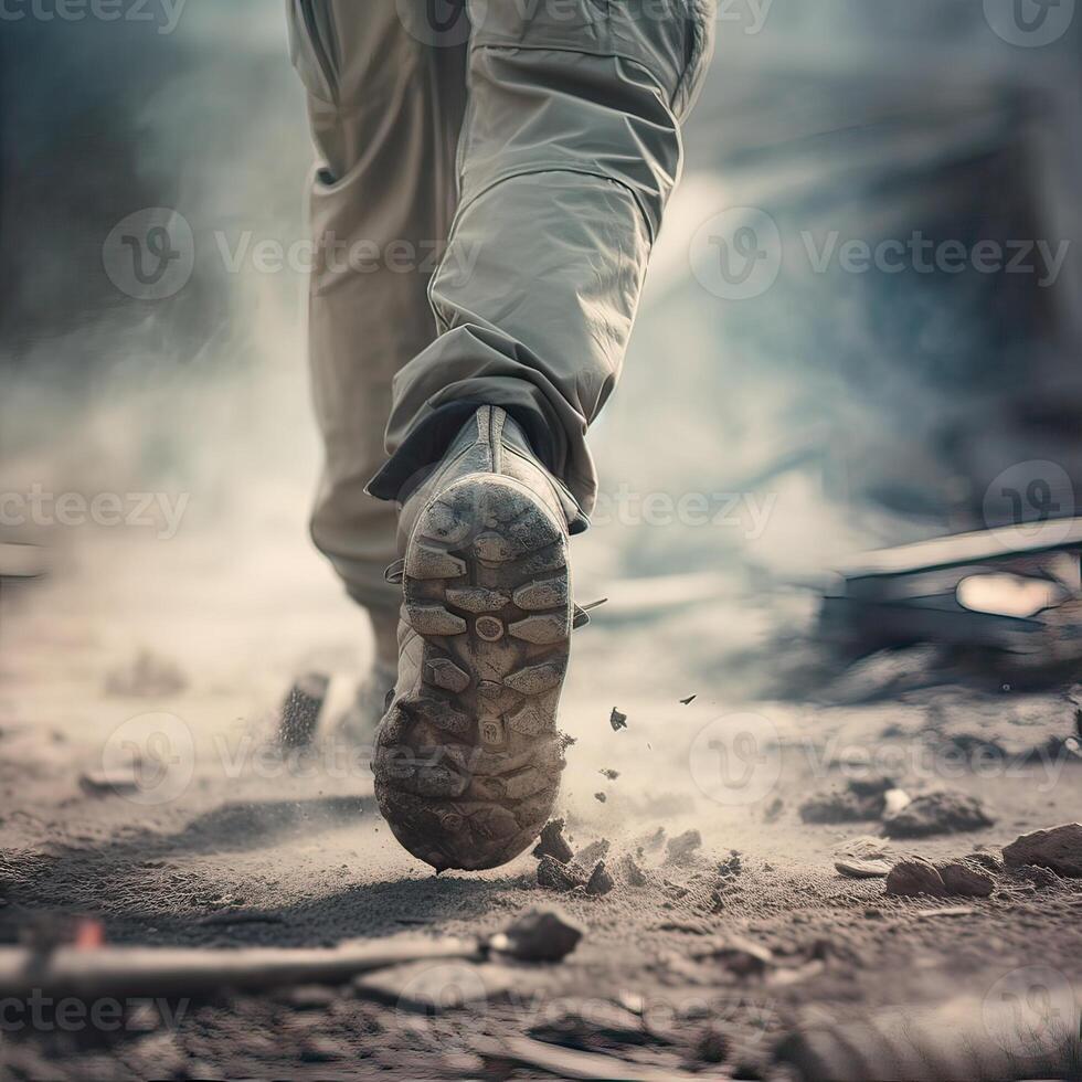 close up Illustration of a military man walking on an empty destroyed environment. Destruction, war scene. Smoke and fog. Sad combat feeling. photo
