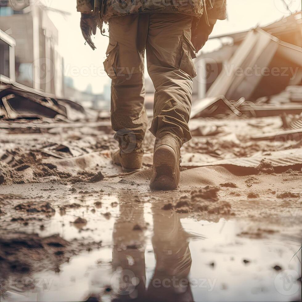 cerca arriba ilustración de un militar hombre caminando en un vacío destruido ambiente. destrucción, guerra escena. fumar y niebla. triste combate sentimiento. generativo ai foto