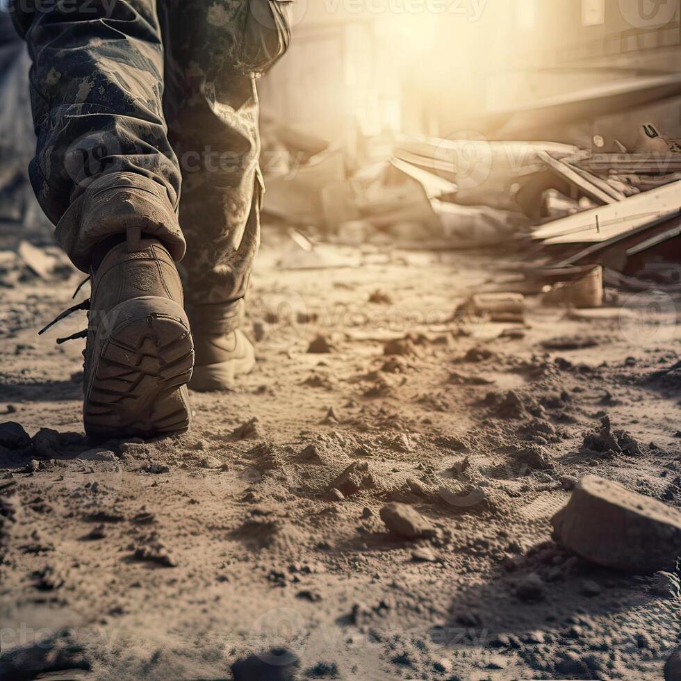 close up Illustration of a military man walking on an empty destroyed environment. Destruction, war scene. Smoke and fog. Sad combat feeling. photo