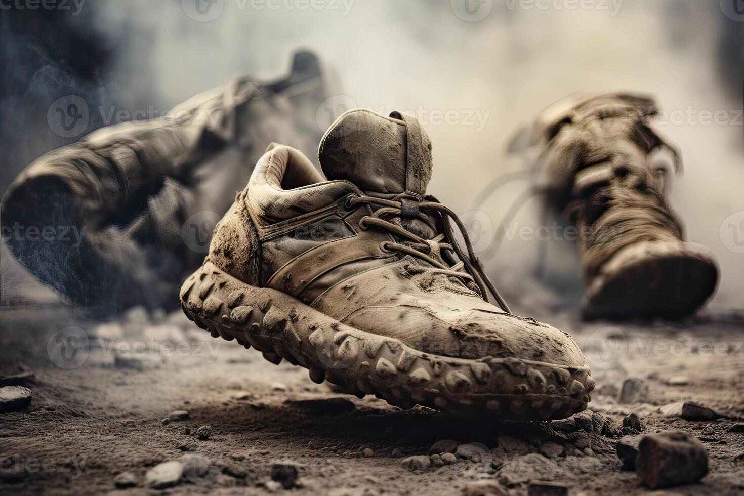 close up Illustration of a military man walking on an empty destroyed environment. Destruction, war scene. Smoke and fog. Sad combat feeling. photo