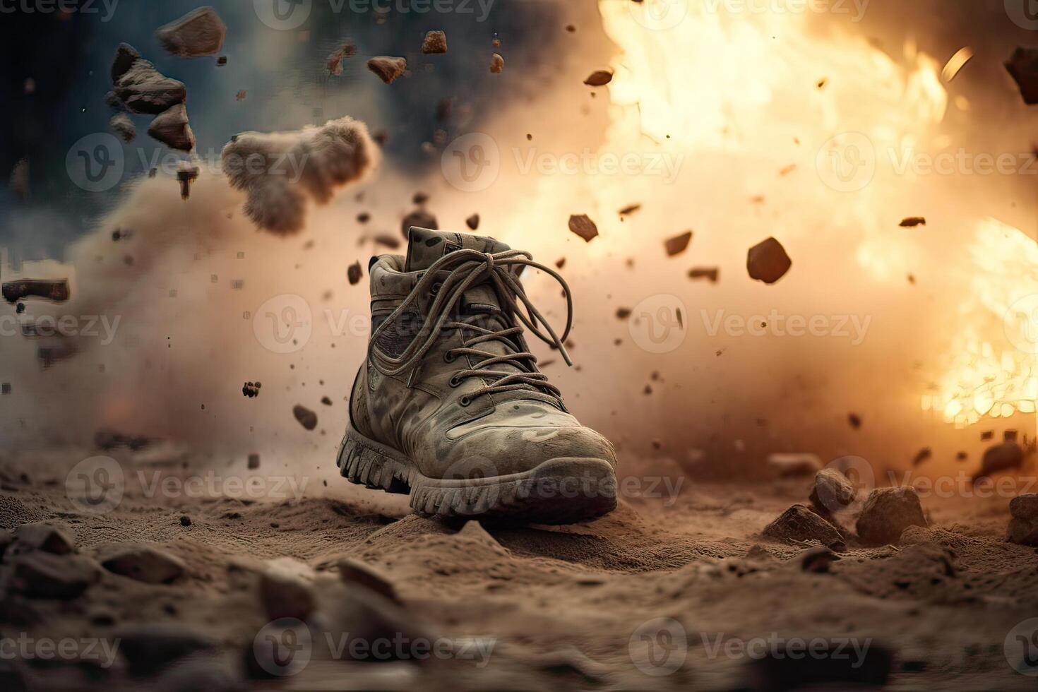 close up Illustration of a military man walking on an empty destroyed environment. Destruction, war scene. Smoke and fog. Sad combat feeling. photo